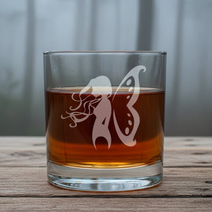 Fairy Etched Whiskey Glass 11oz - Deeply Sand Engraved Rocks Glass Fantasy Gift