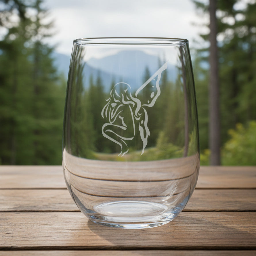 Clear glass with an engraved fairy design on a wooden surface