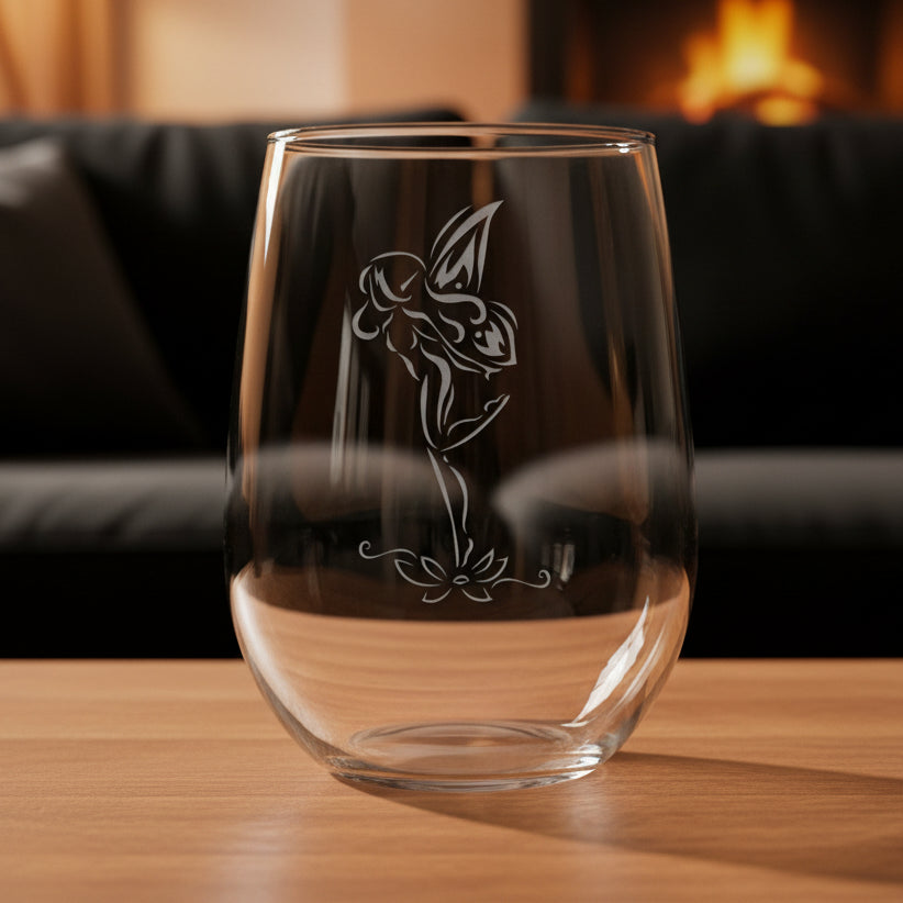 Clear glass with fairy etching on a wooden surface