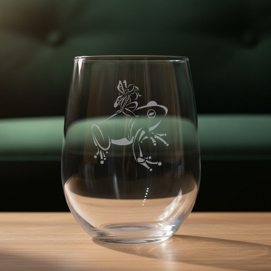 17oz Stemless Wine Glass with an etched image of a frog and a green couch in the background