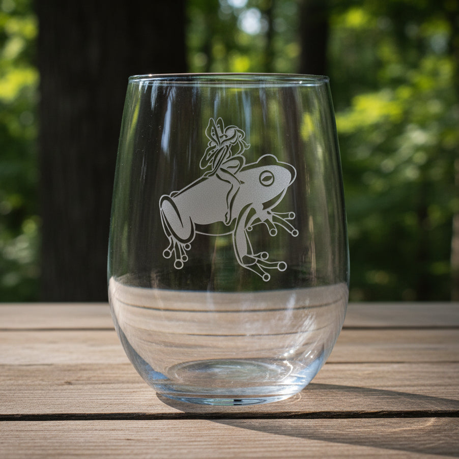 17oz Stemless Wine Glass with an etched image of an frog etched image with a background of a misty forest