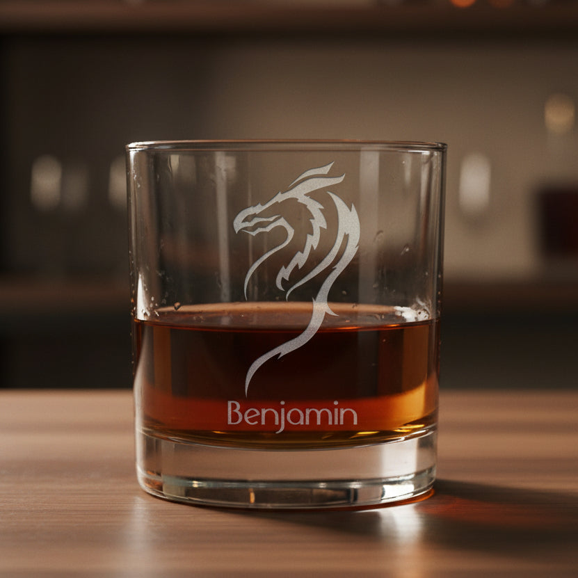 Glass tumbler with a dragon design and 'Benjamin' text, filled with a red liquid 