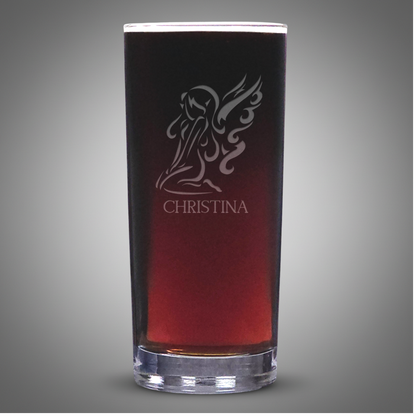 Cooler glass with sand etched sitting fairy design with a light grey background - with the name CHRISITNA under neath