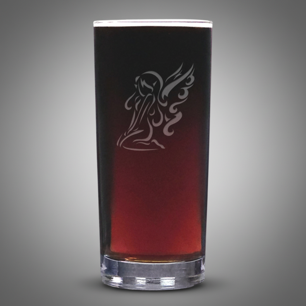 Cooler glass with sand etched sitting fairy design with a light grey background