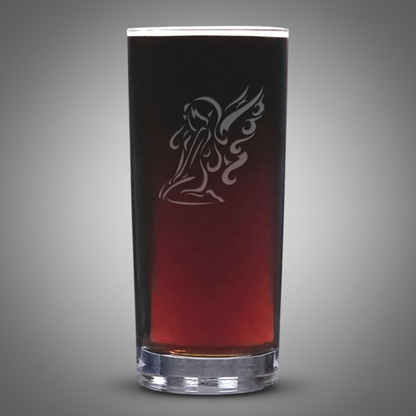 Cooler glass with sand etched sitting fairy design with a light grey background