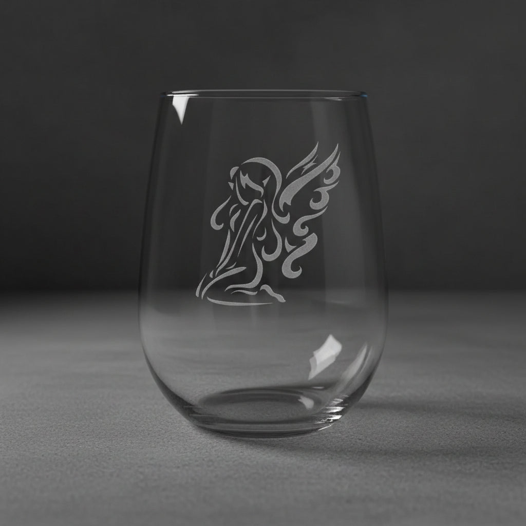 Clear glass with an angel design on a grey background