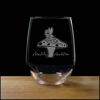 Fairy on a Toadstool 17oz Stemless Wine Glass – Deeply Etched Personalized Gift