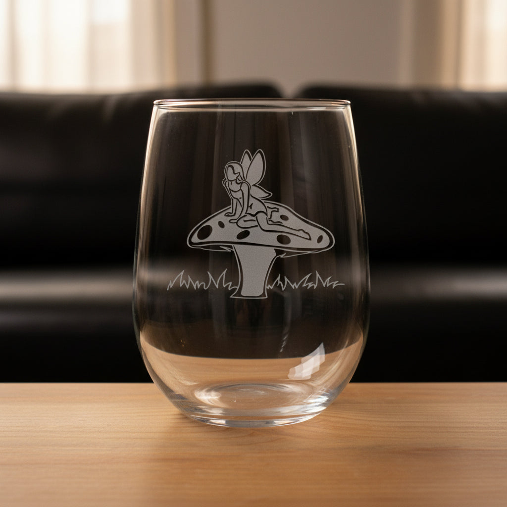 Clear glass with a engraved design of a fairy on a toadstool on a wooden surface with a black couch in the  background