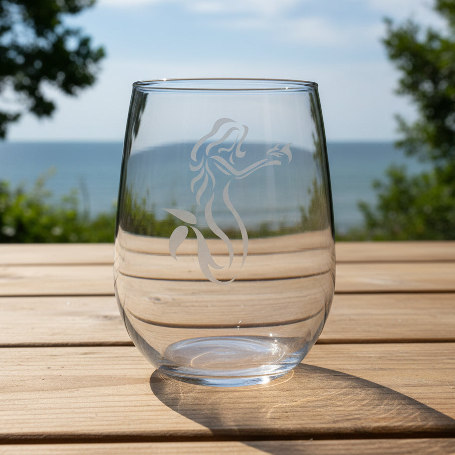 Personalized Mermaid Stemless Wine Glass 17oz – Engraved Coastal Fantasy Drinkware Gift
