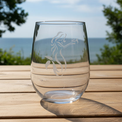 Personalized Mermaid Stemless Wine Glass 17oz – Engraved Coastal Fantasy Drinkware Gift