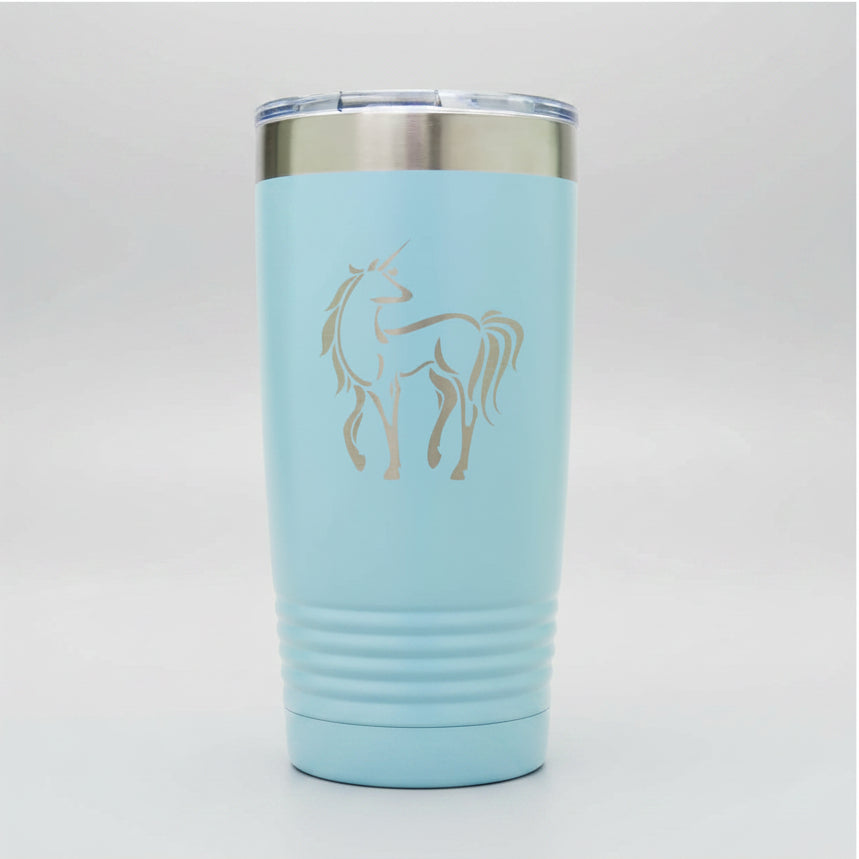 Light blue tumbler with a Unicorn design on a white background