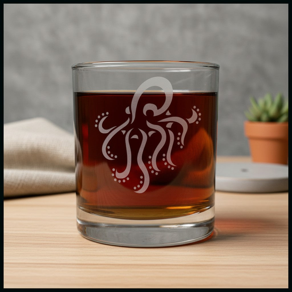 Octopus Engraved 11oz Whiskey Glass - Deeply Etched Personalized Gift