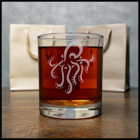Octopus Engraved 11oz Whiskey Glass - Deeply Etched Personalized Gift