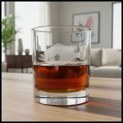 A clear lowball tumbler glass with an etched fish design, filled with amber-brown whiskey, set on a wooden table in a softly blurred living room background.