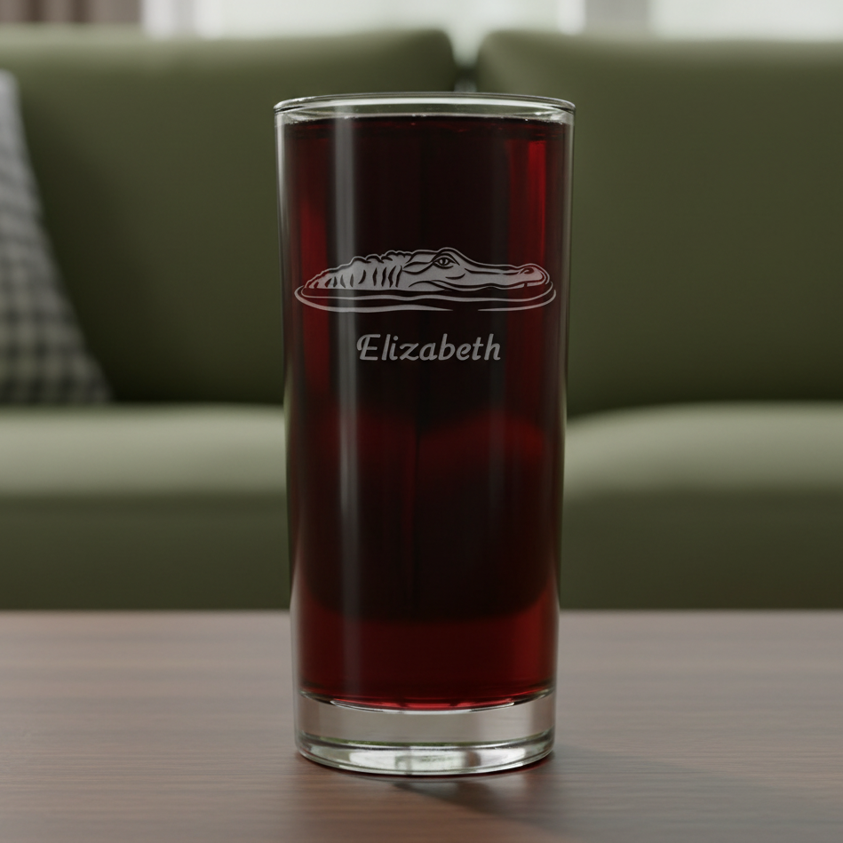 15oz Cooler Glass with an etched image of an Alligator and a green couch in the background