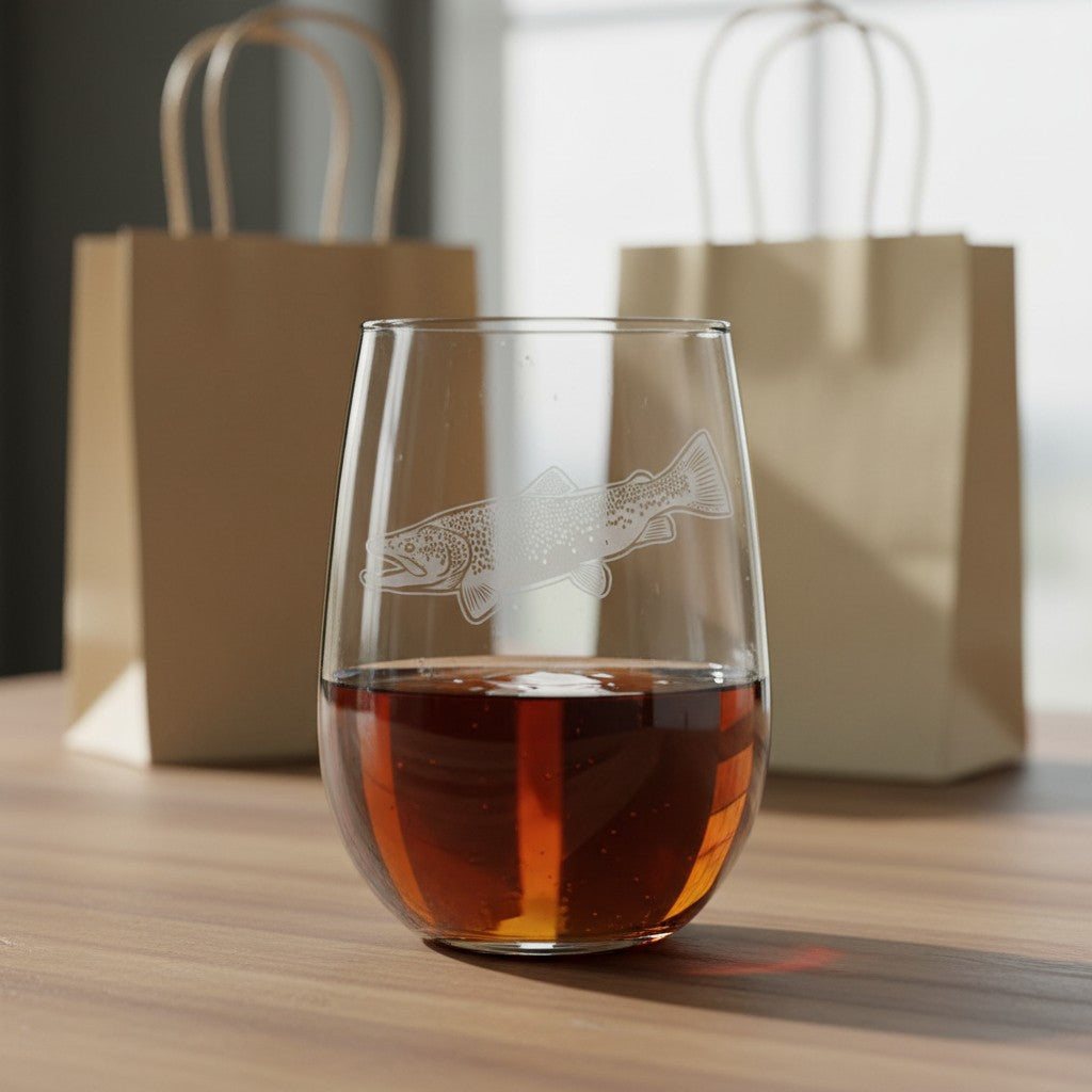 A clear stemless wine glass with an etched fish design, partially filled with an amber-brown liquid, set on a wooden table with two brown paper shopping bags blurred in the background.