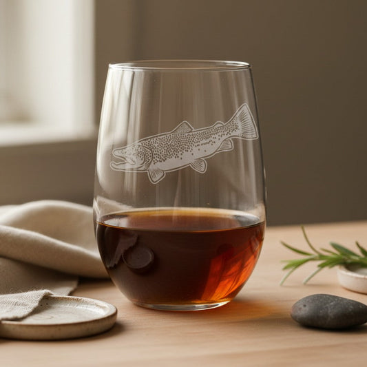 A clear stemless wine glass with an etched fish design, partially filled with an amber-brown liquid, set on a wooden table with a cloth napkin, small dish, and stones in a softly lit indoor setting.