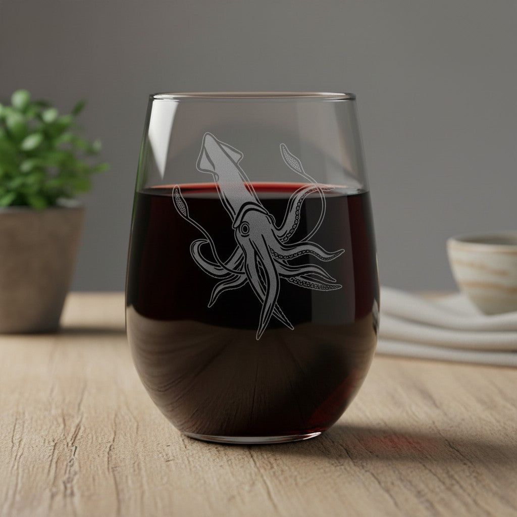A clear stemless wine glass with an etched squid design, partially filled with red wine, set on a light wooden table with a blurred plant and bowl in the background.