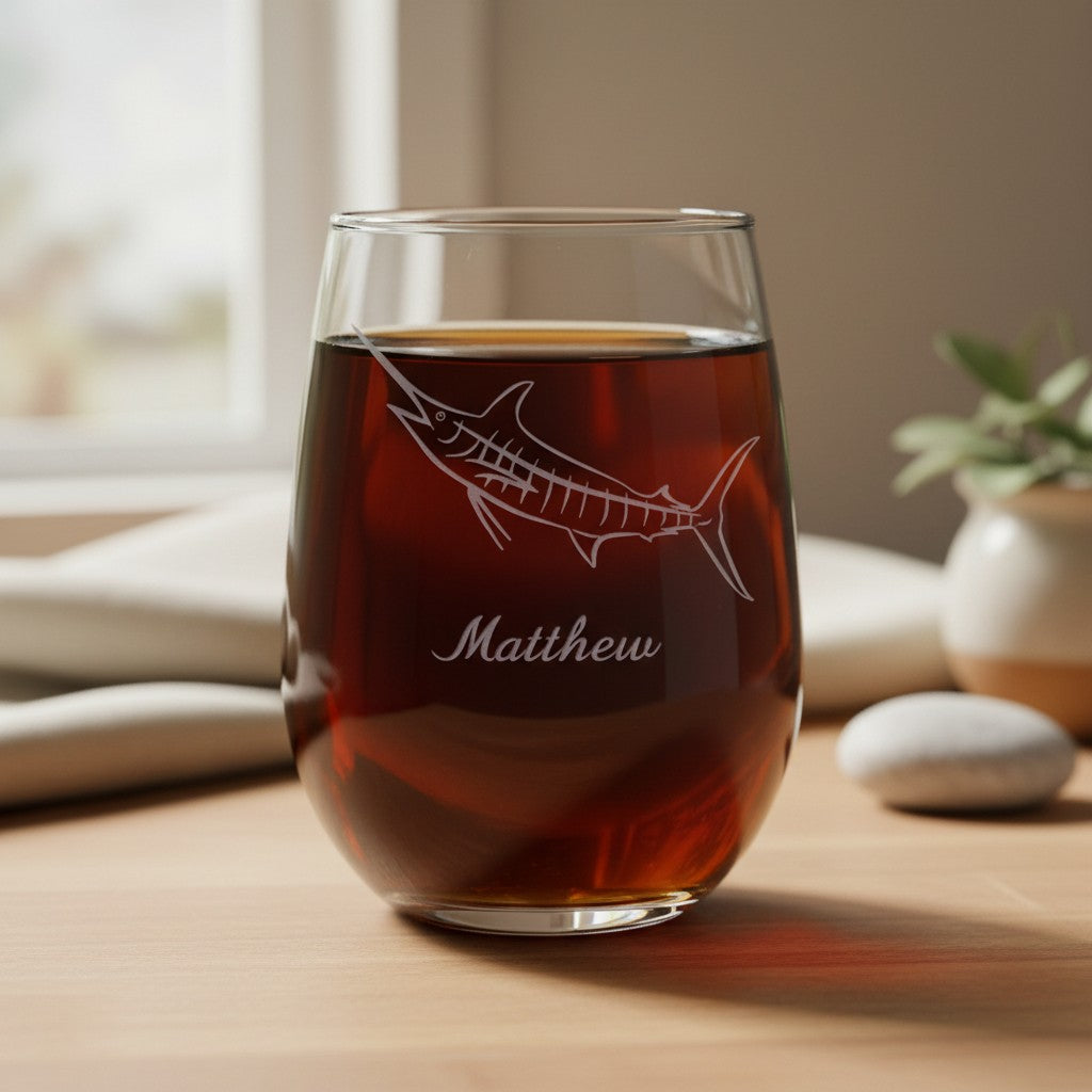 A clear stemless wine glass filled with dark amber liquid, etched with a fish design and the name Matthew, sitting on a wooden table in a softly lit indoor setting.