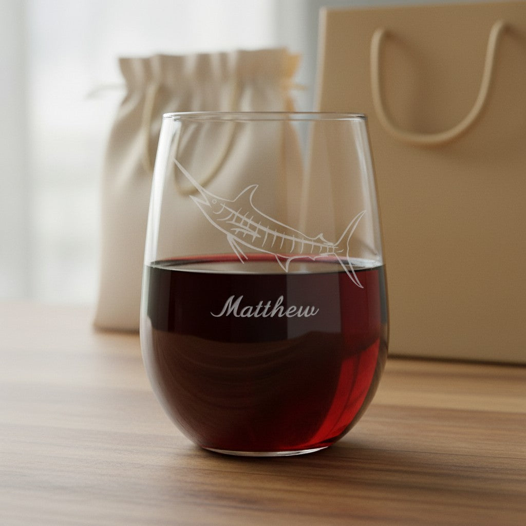 A clear stemless wine glass with an etched marlin design and the name 'Matthew' on the front, filled with red wine and set on a wooden table with a beige drawstring bag and gift bag in the background.