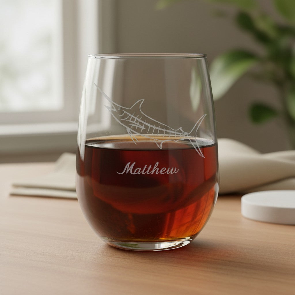 A clear stemless wine glass with an etched marlin and the name "Matthew" on the front, filled with an amber drink and placed on a wooden table in a softly lit indoor setting.