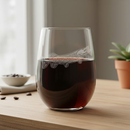 A clear stemless wine glass with an etched northern pike design, partially filled with a dark red beverage, set on a light wood table in a softly blurred indoor setting.