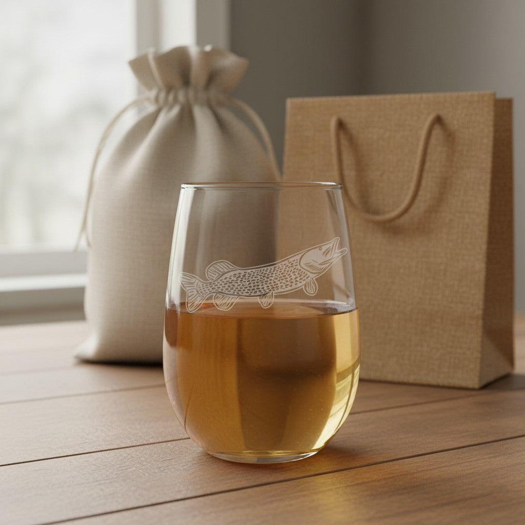 A clear stemless wine glass with an etched northern pike design, filled with an amber liquid, set on a wooden table with a kraft paper bag and a beige drawstring pouch in the background.