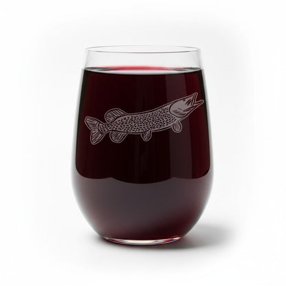 A stemless wine glass filled with red wine, featuring an etched fish design on the front, set against a plain white background.