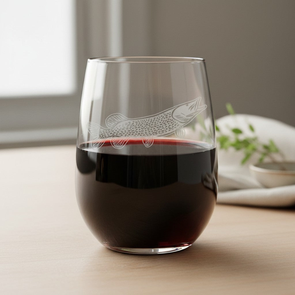 A clear stemless wine glass with an etched northern pike design, partially filled with red wine, set on a light wood tabletop with a softly blurred indoor background.