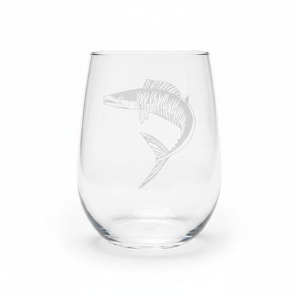 A clear stemless wine glass featuring an etched fish design on the front, set against a plain white background.