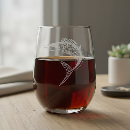 A stemless wine glass with an etched Ono design, filled with a dark red beverage, set on a light wooden table with a softly blurred indoor background.