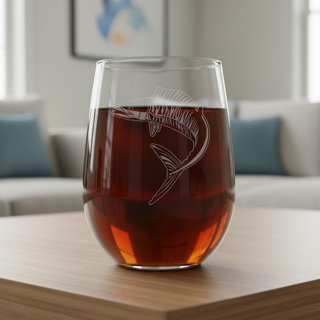 A clear stemless wine glass with an etched ono fish design, filled with an amber-brown liquid, set on a wooden table in a softly blurred living room background.