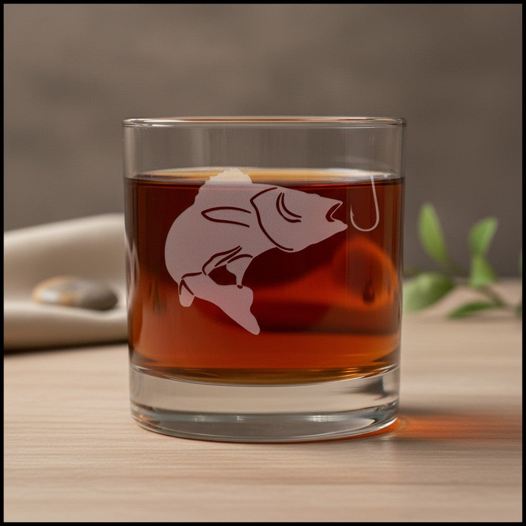 A clear rocks glass with an etched pickeel design, filled with amber-brown liquid, set on a light wood surface with a softly blurred background.