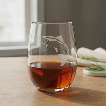 Salmon 17oz Engraved Stemless Wine Glass - Personalized Custom Wine Glass for Fishing Lovers, Nature Gifts, Red & White Wine
