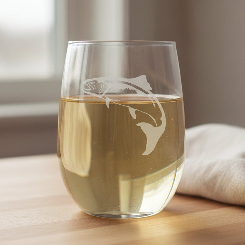 Salmon 17oz Engraved Stemless Wine Glass - Personalized Custom Wine Glass for Fishing Lovers, Nature Gifts, Red & White Wine