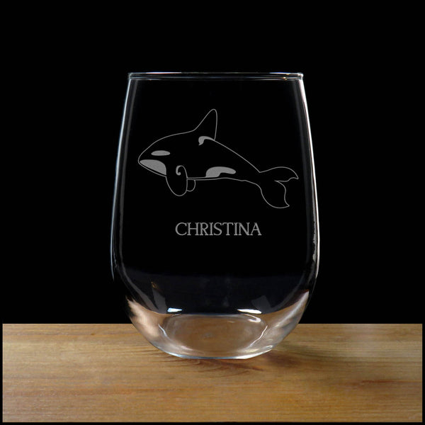 Orca Whale Personalized Stemless Wine Glass - Copyright Hues in Glass