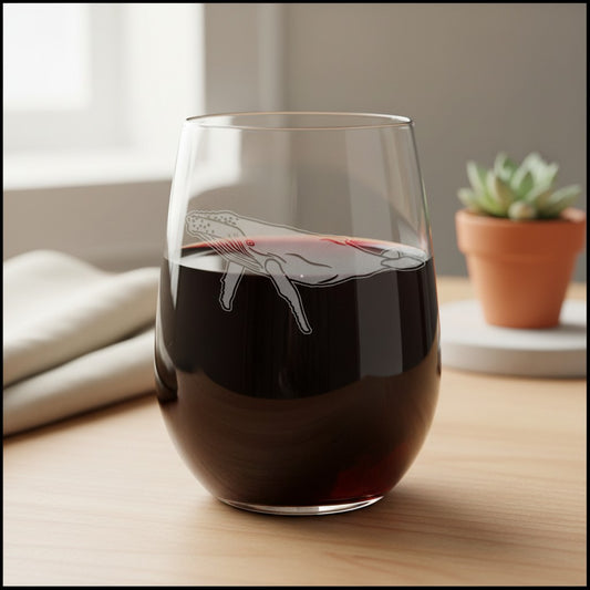 A clear stemless wine glass with a white line-art graphic of a hand holding a knife, partially filled with dark red wine, set on a light wood table with a blurred potted succulent in the background.
