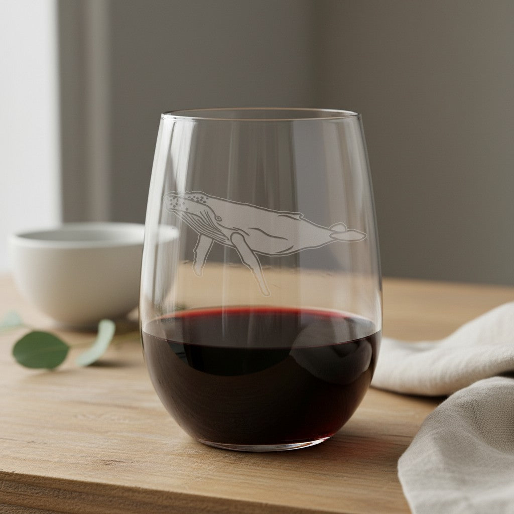 A clear stemless wine glass with an etched whale design, partially filled with red wine, set on a wooden table with a neutral background.