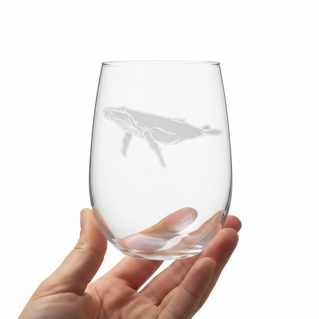 Humpback Whale Stemless Wine Glass - Deeply Etched 17oz Glass