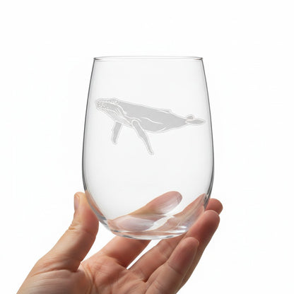 Humpback Whale Stemless Wine Glass - Deeply Etched 17oz Glass