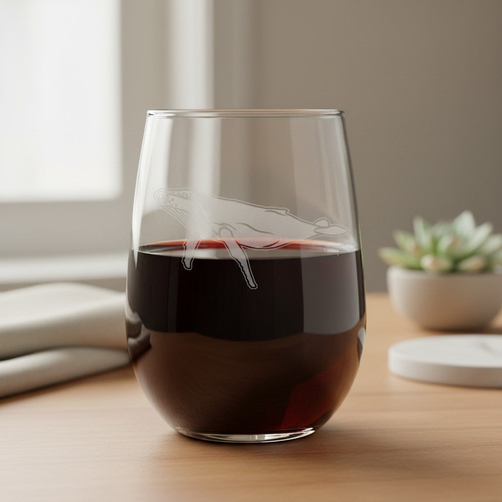 A clear stemless wine glass with an etched dolphin design, partially filled with red wine, set on a light wooden table in a softly blurred indoor setting.