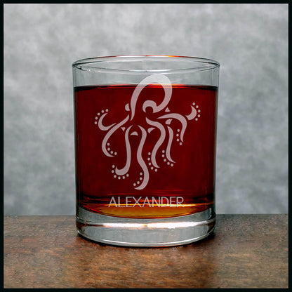 Octopus Engraved 11oz Whiskey Glass - Deeply Etched Personalized Gift