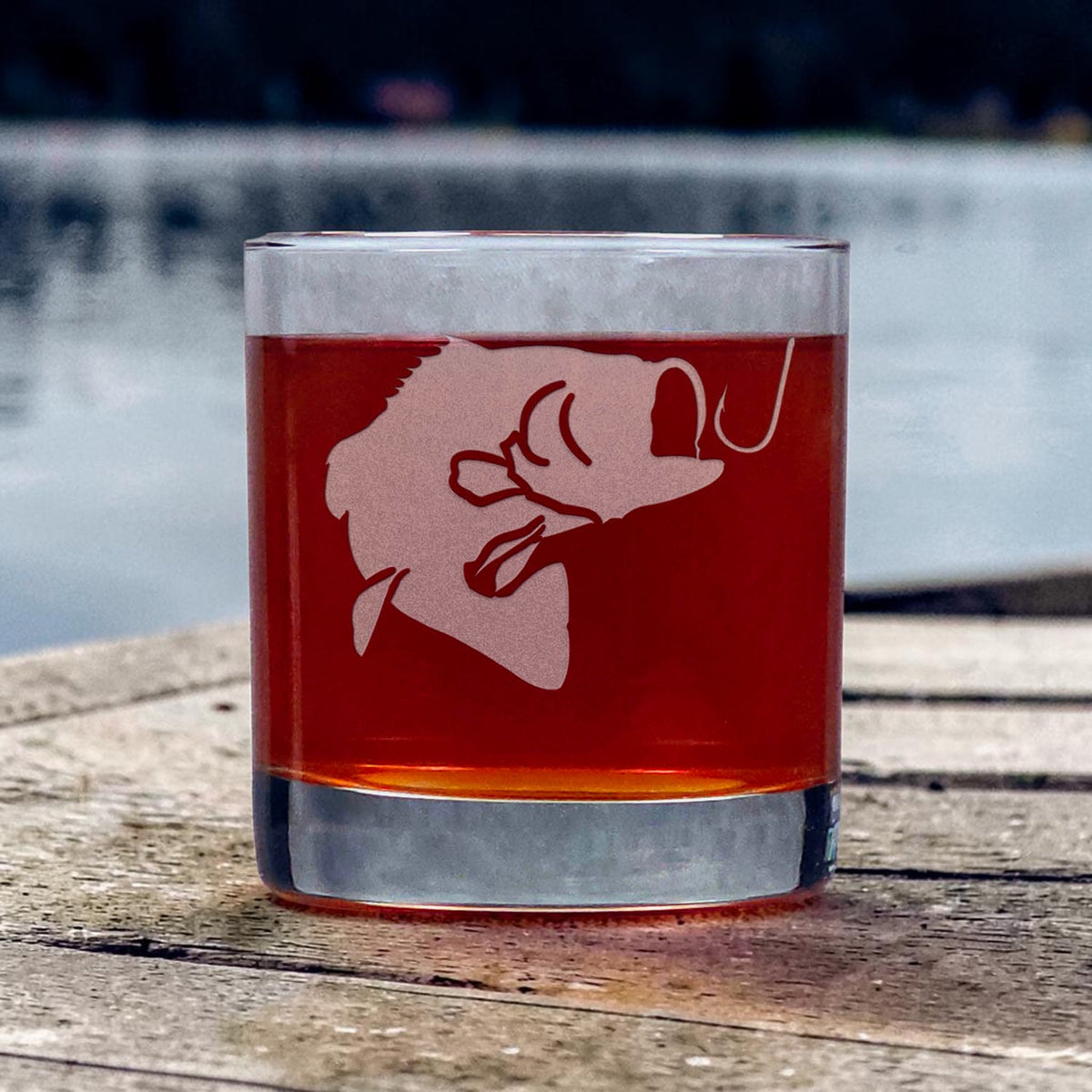 Bass Fish on a Hook 11oz Whiskey Glass - Personalized Fishing Gift