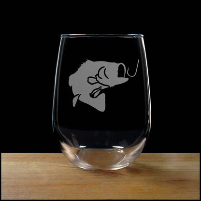 Bass Fish Jumping for a Hook 17oz Stemless Wine Glass - Design 2