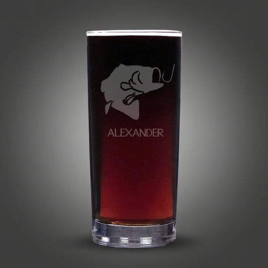 Cooler glass with engraved face and 'Alexander' text on a gray background
