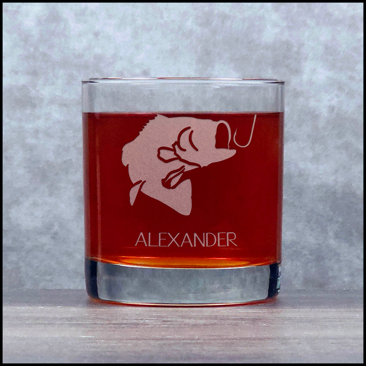 Bass Fish on a Hook 11oz Whiskey Glass - Personalized Fishing Gift