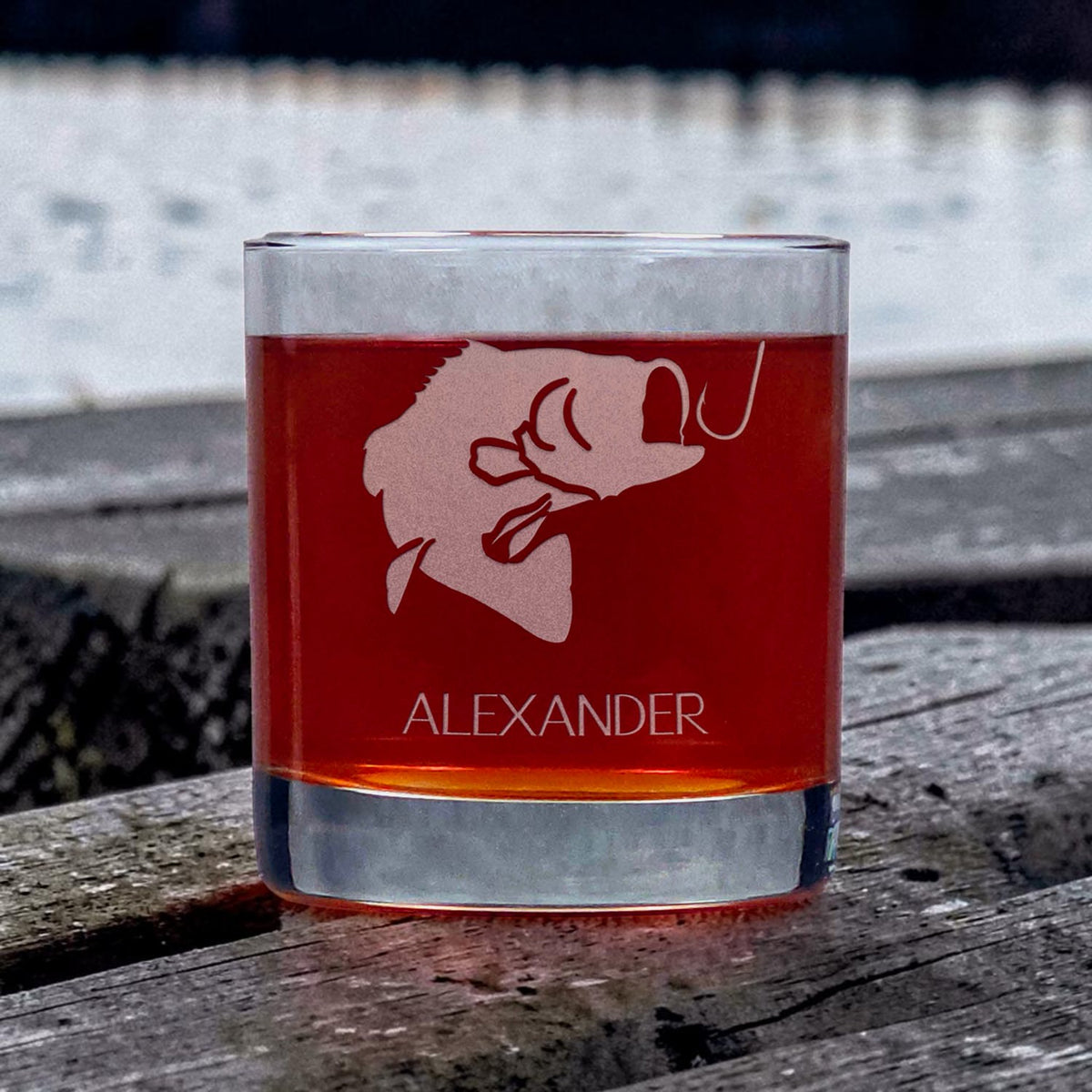 Bass Fish on a Hook 11oz Whiskey Glass - Personalized Fishing Gift