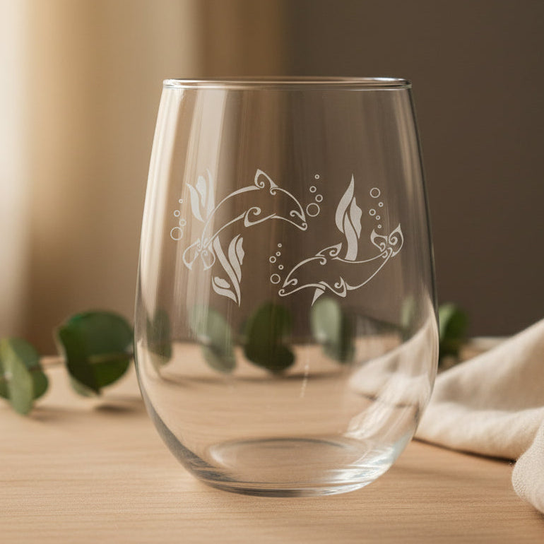 Dolphin Couple 17oz Engraved Stemless Wine Glass