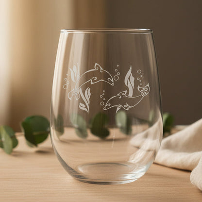 Dolphin Couple 17oz Engraved Stemless Wine Glass