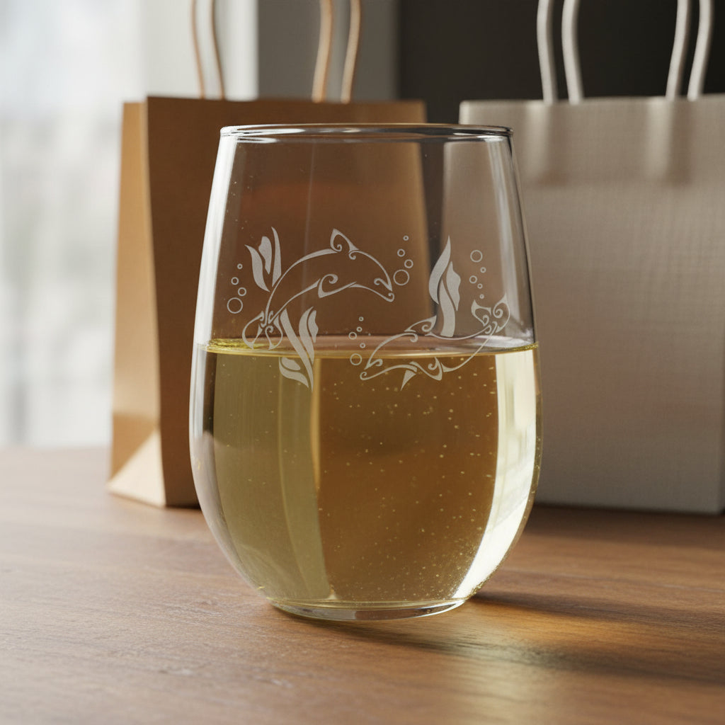 Dolphin Couple 17oz Engraved Stemless Wine Glass